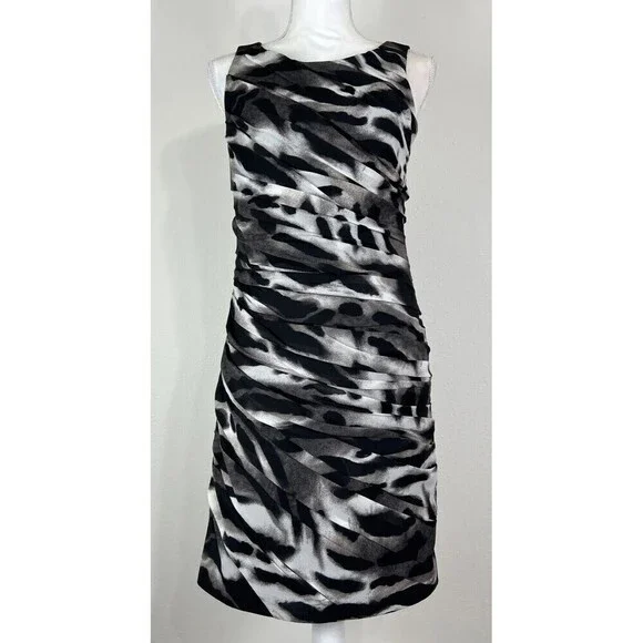 Ann Taylor Animal Print Ruched Sheath Dress Sleeveless Black Grey White Size 6 - Picture 3 of 14